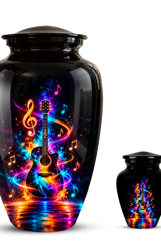 Black Artistic Cremation Urn with Colorful Musical Notes & Cosmic Design