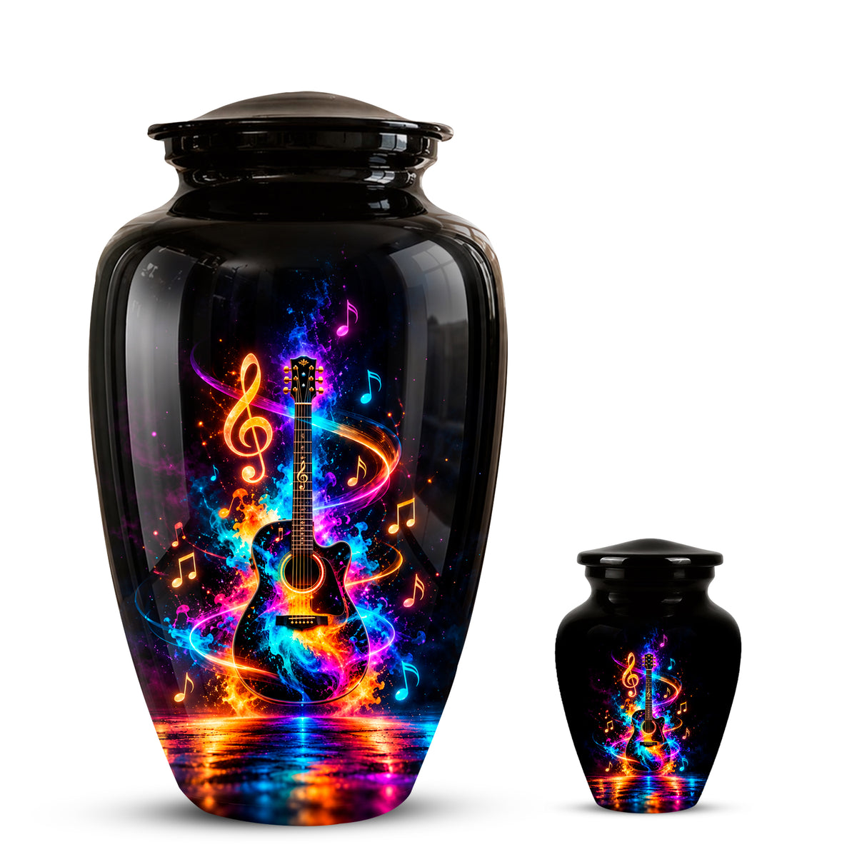 Black Artistic Cremation Urn with Colorful Musical Notes & Cosmic Design
