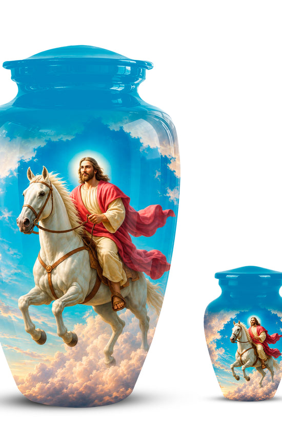 Custom Blue Aluminum Horse & Jesus Religious Urn for Human Ashes