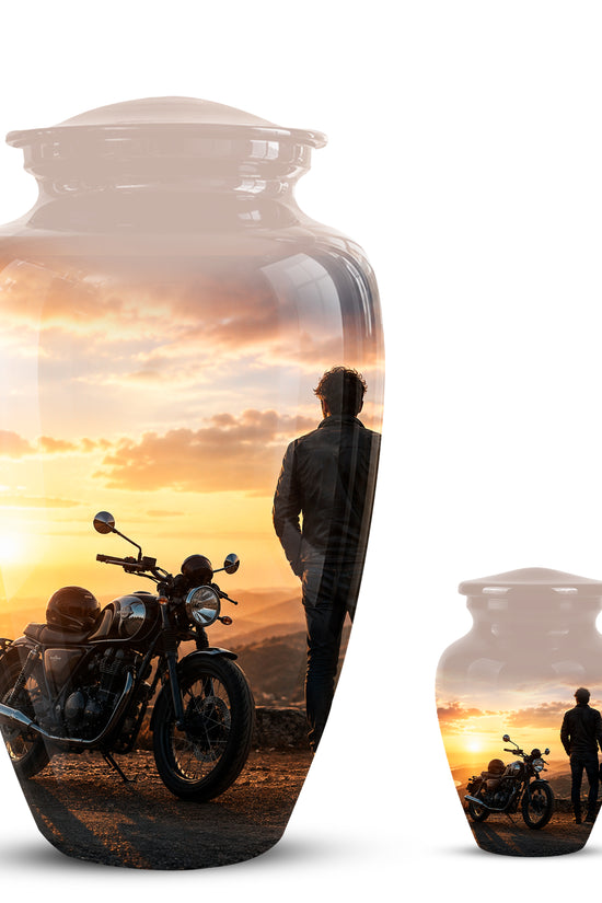 Custom Sunset Mountain Bike Rider Aluminum Urn – Hand Engraved
