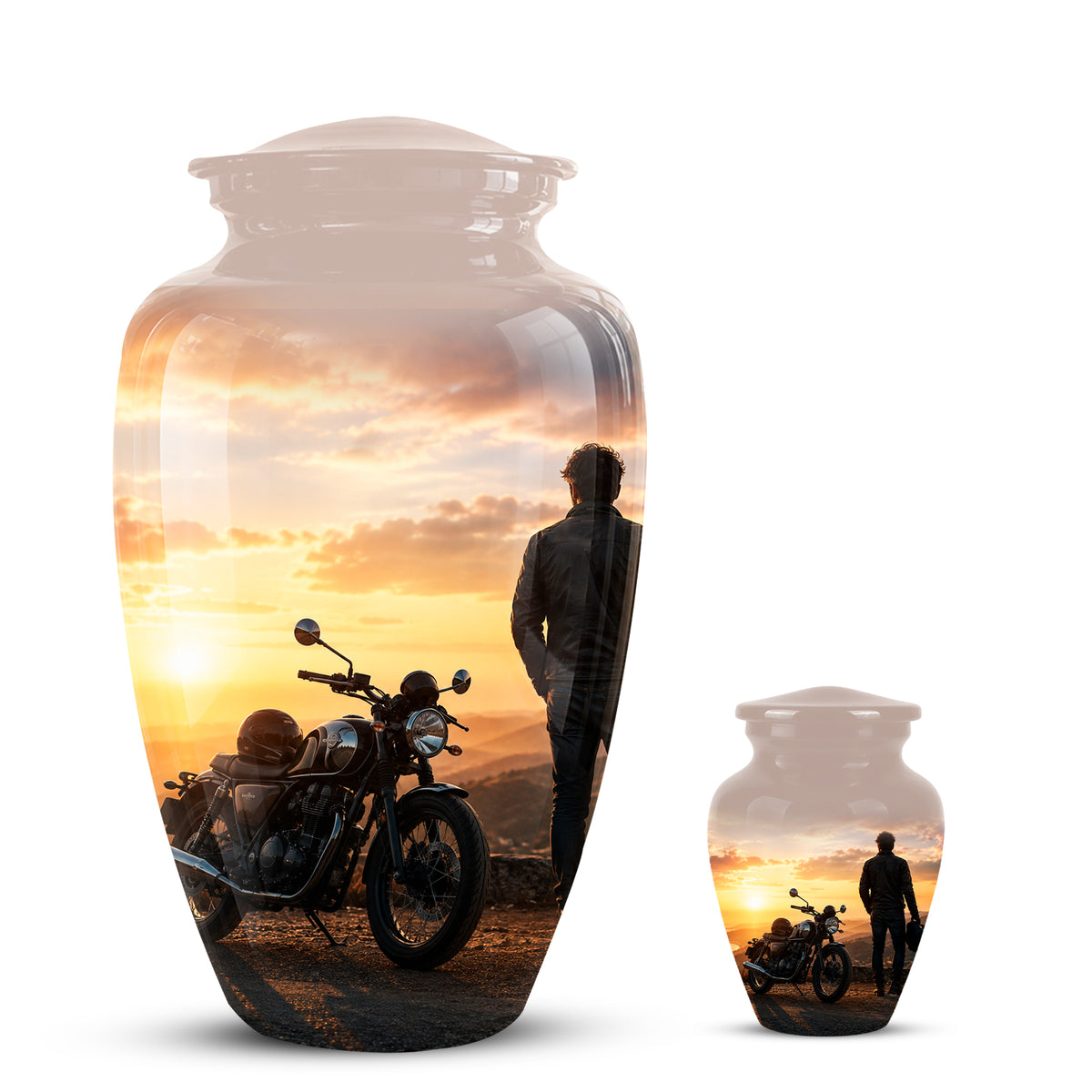 Custom Sunset Mountain Bike Rider Aluminum Urn – Hand Engraved