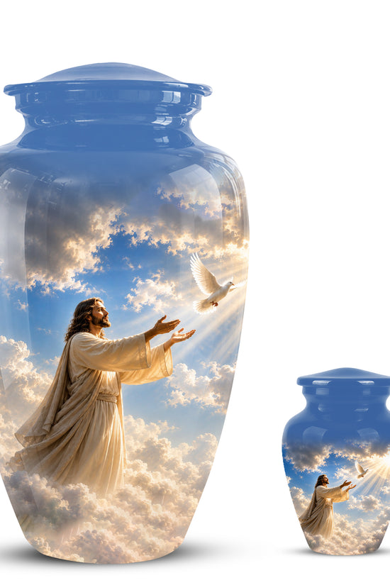 Personalized Jesus With White Dove Urn - Blue Aluminum Cremation Urns