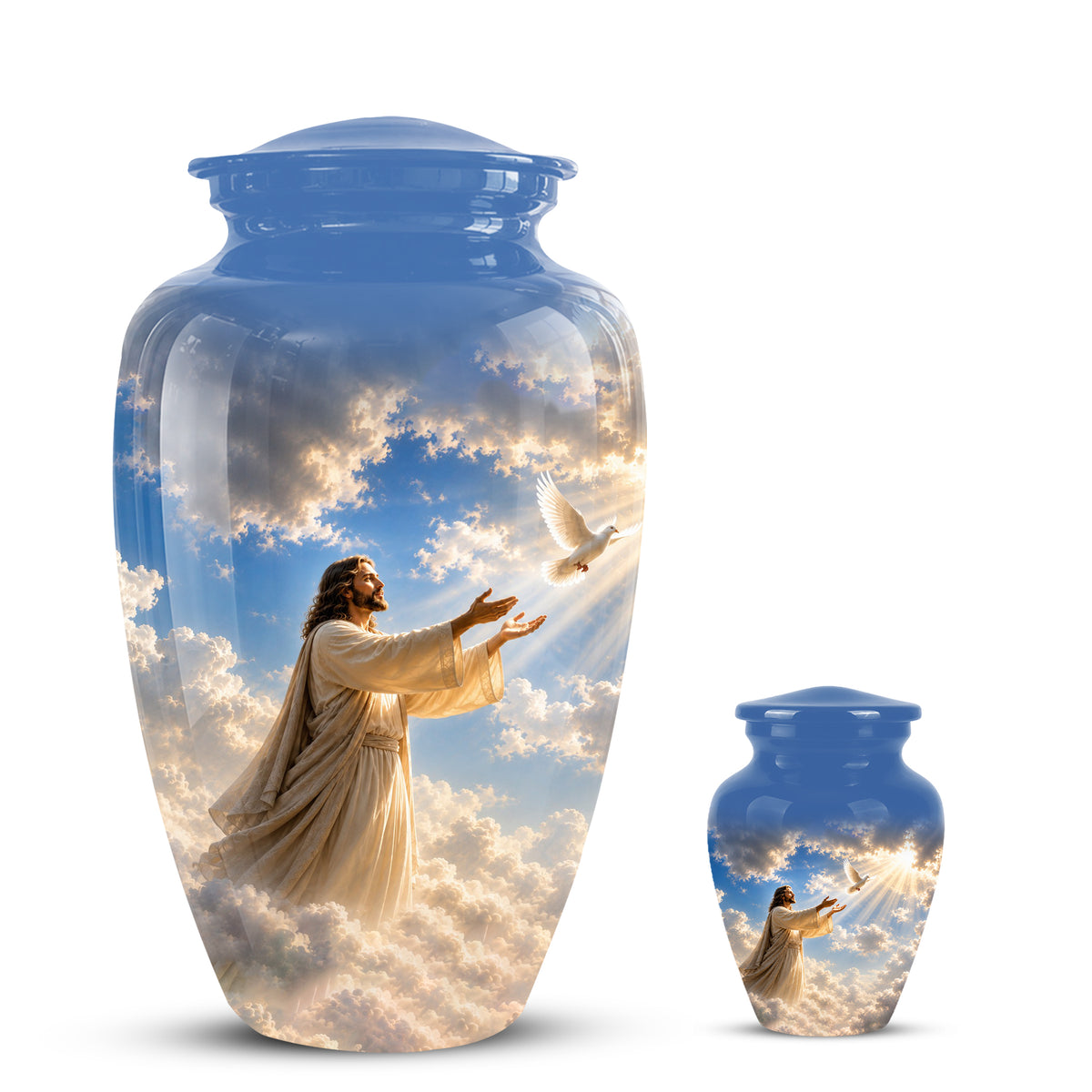 Personalized Jesus With White Dove Urn - Blue Aluminum Cremation Urns