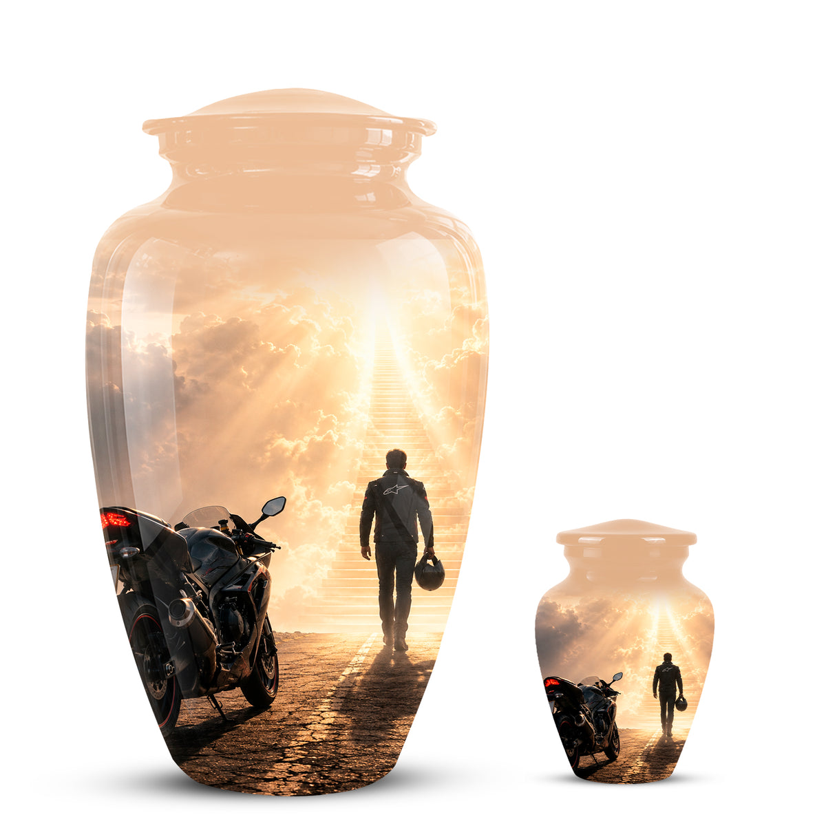 Heavenly Stairs & Rider Urn - Motorbike Cremation Urns For Biker Ashes