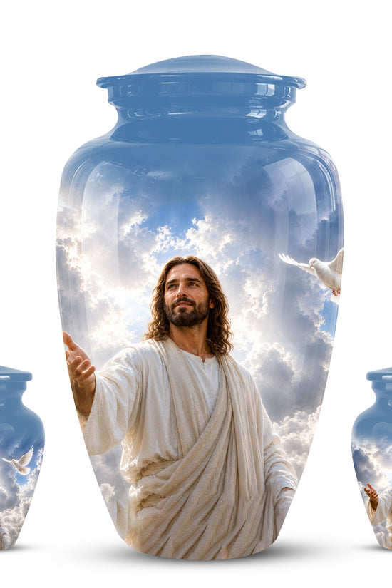 Personalized Jesus Cremation Urn - Blue Aluminum Urn For Spiritual Humans