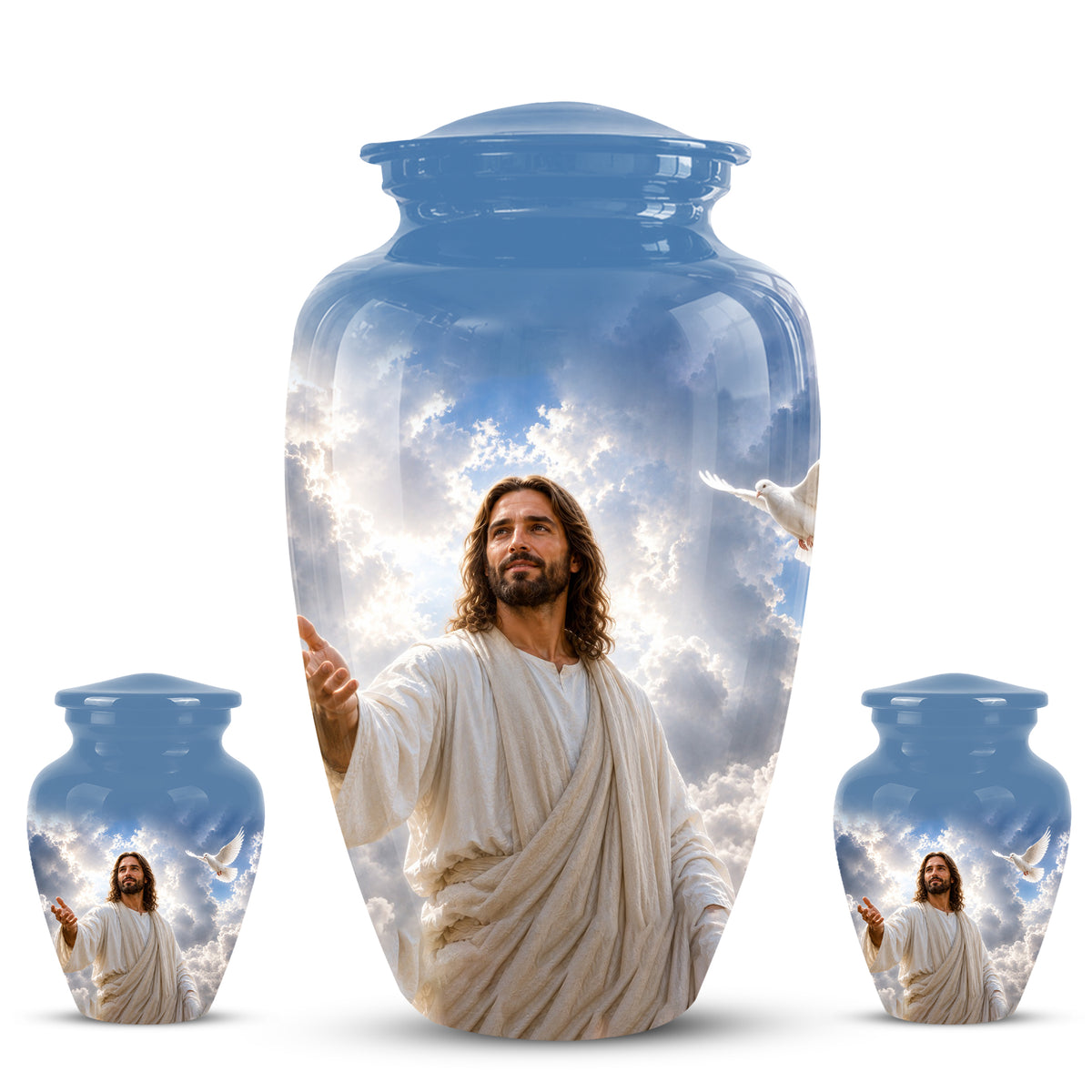 Personalized Jesus Cremation Urn - Blue Aluminum Urn For Spiritual Humans