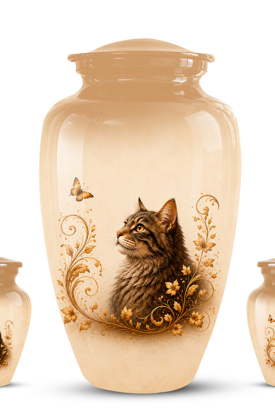 Custom Brown Memorial Cat Urn – Floral Aluminum Pet Ashes Cremation Urn