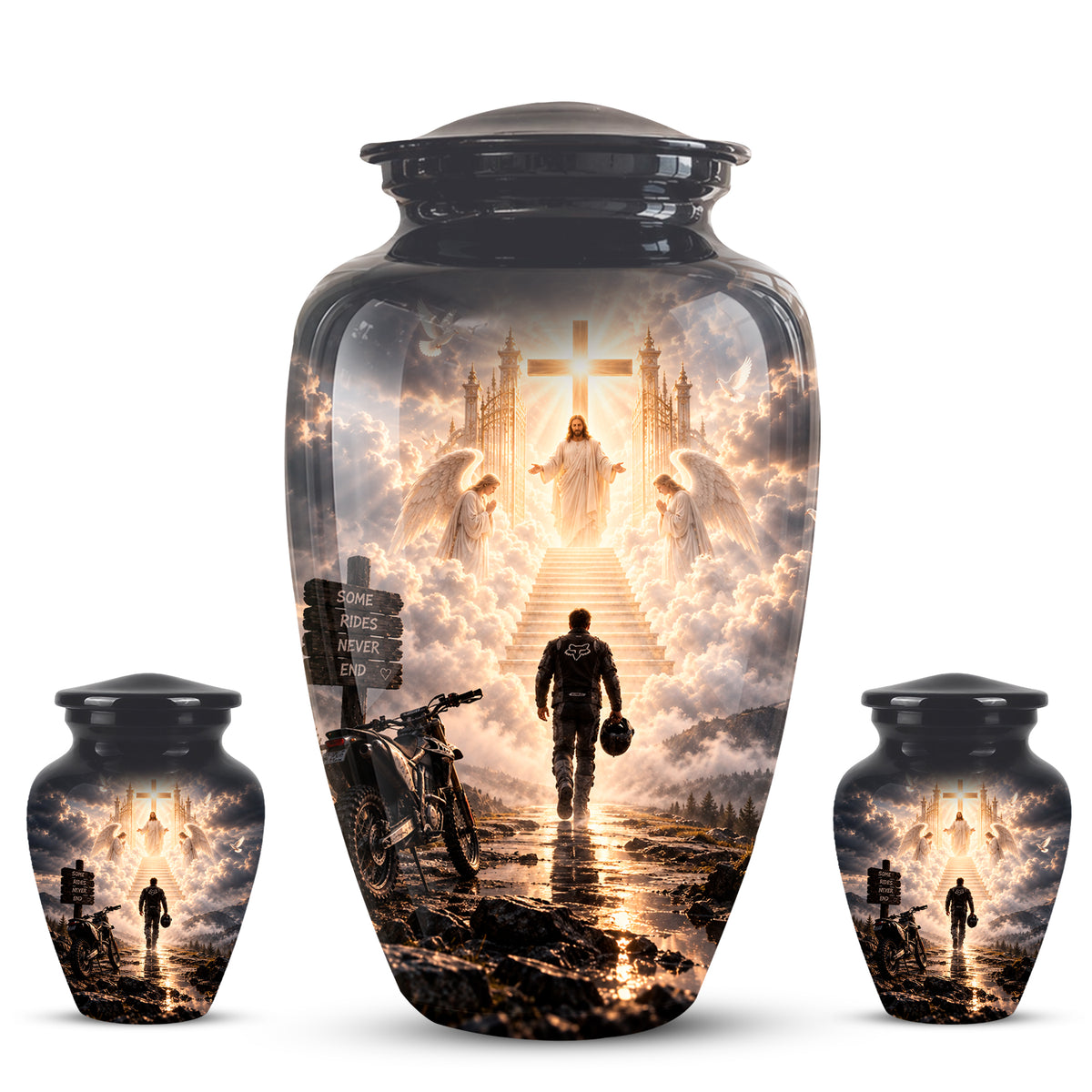 Bike Rider In Heaven Memorial Urn - Jesus & Angels Heaven Stairs Urns
