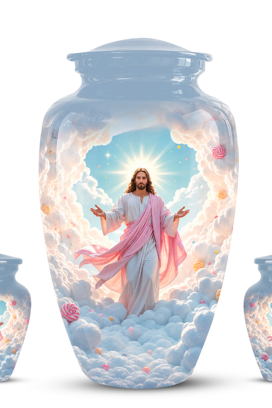 Heavenly Blue Clouds & Jesus Adult Aluminum Cremation Urn For Ashes