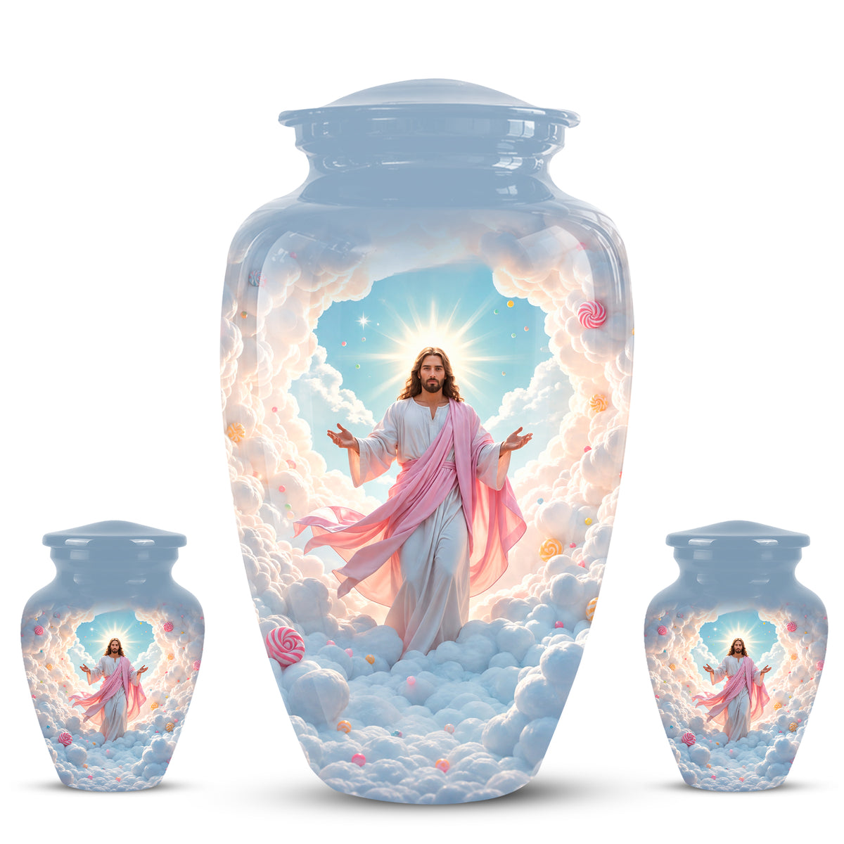 Heavenly Blue Clouds & Jesus Adult Aluminum Cremation Urn For Ashes