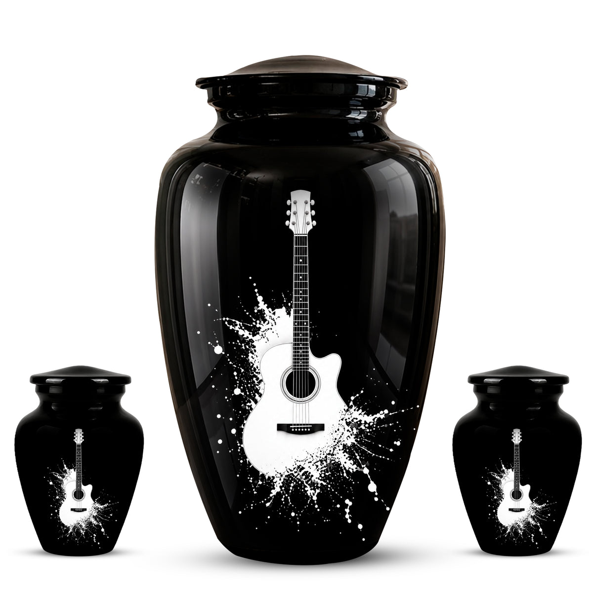 White Guitar Cremation Urn - Artistic Black Memorial Urns For Musicians