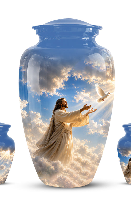 Personalized Jesus With White Dove Urn - Blue Aluminum Cremation Urns