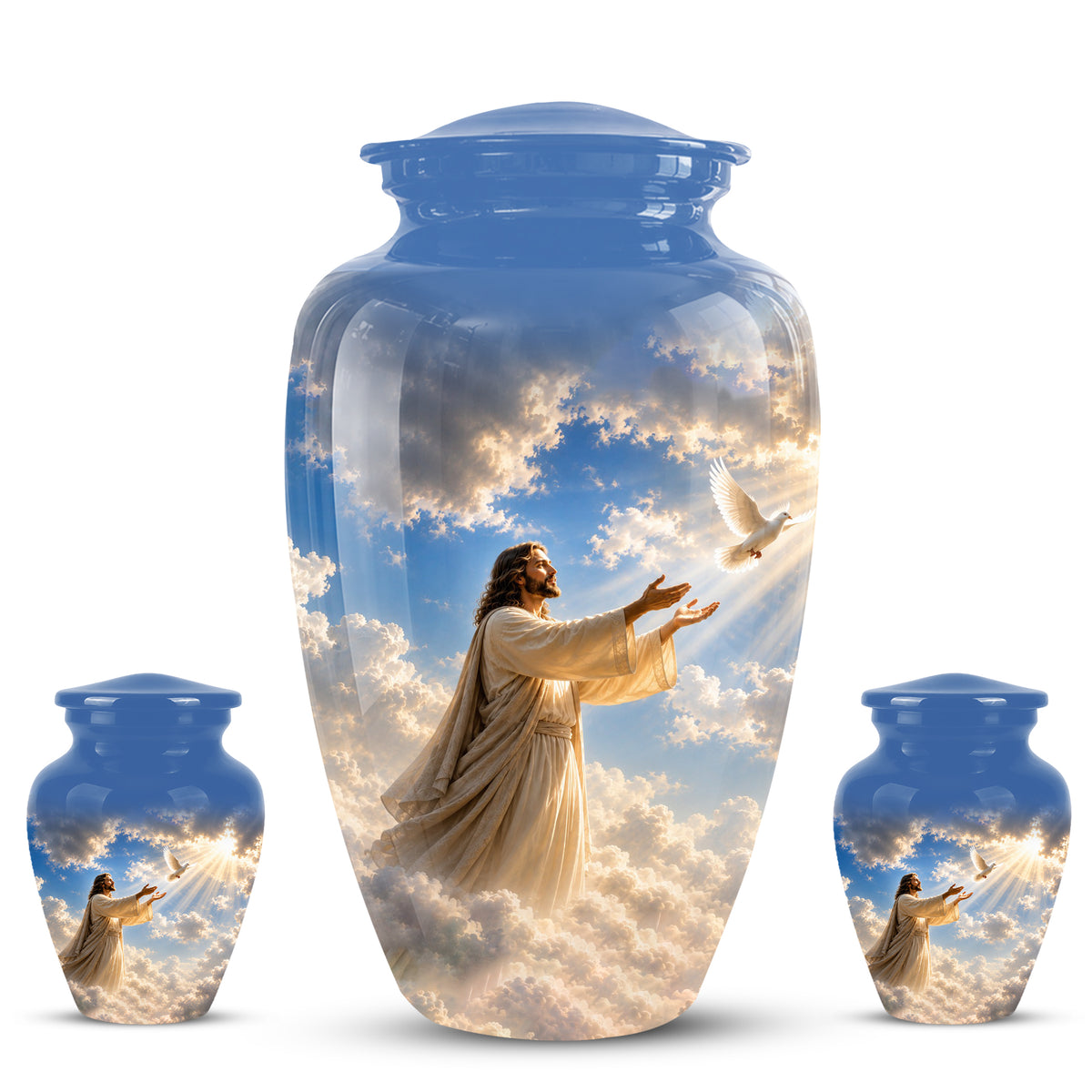 Personalized Jesus With White Dove Urn - Blue Aluminum Cremation Urns