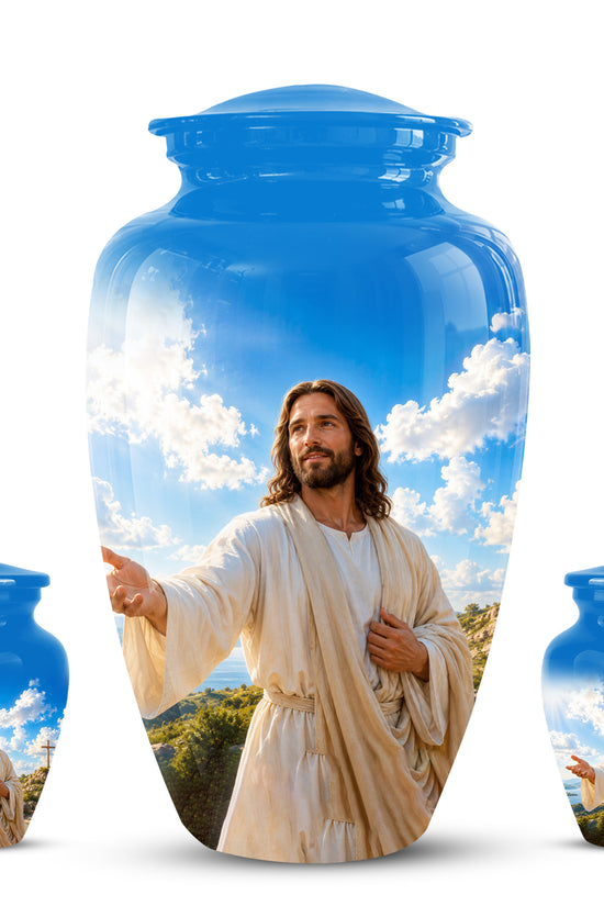Blue Jesus Funeral Urn - Custom Aluminum Cremation Urn For Human Ashes