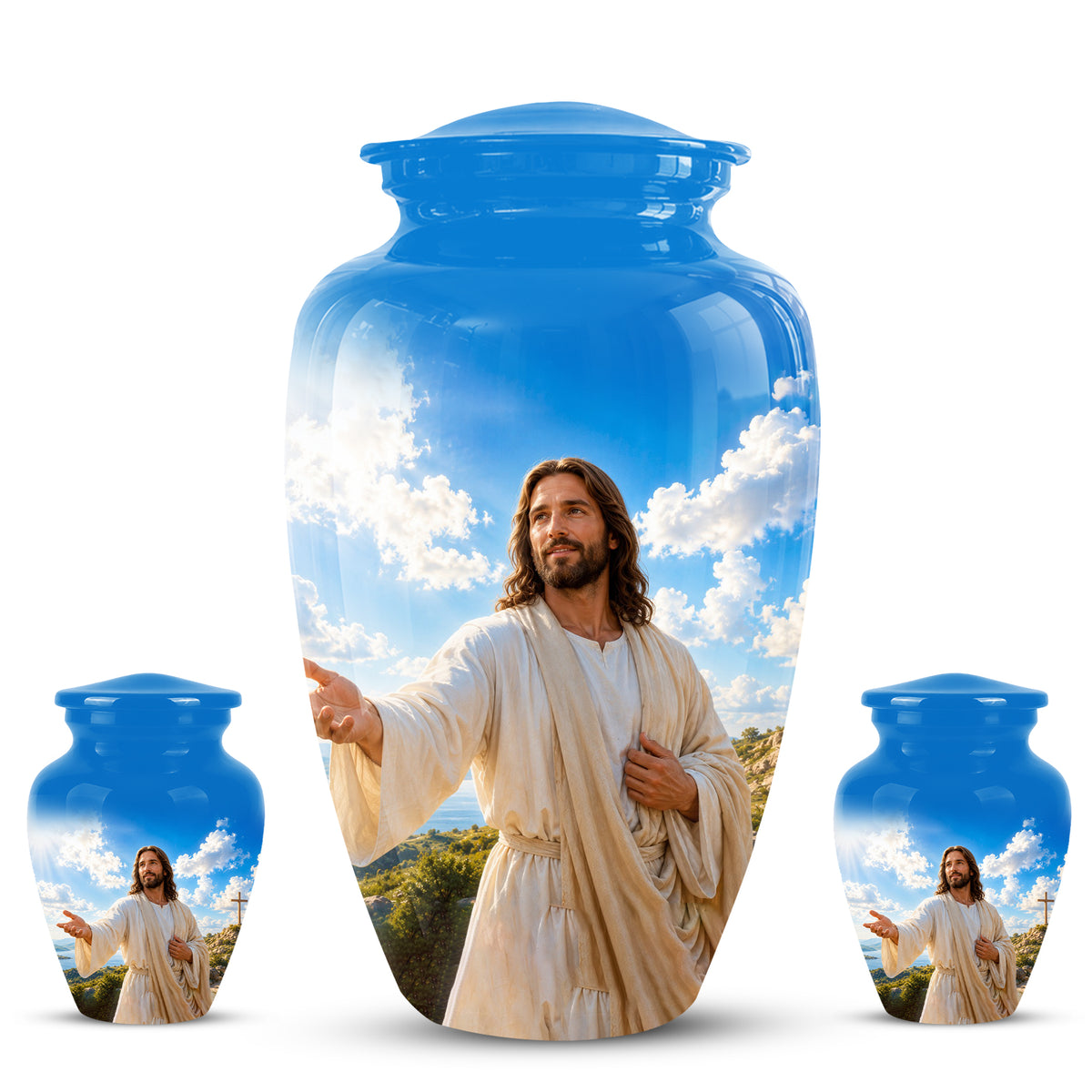 Blue Jesus Funeral Urn - Custom Aluminum Cremation Urn For Human Ashes