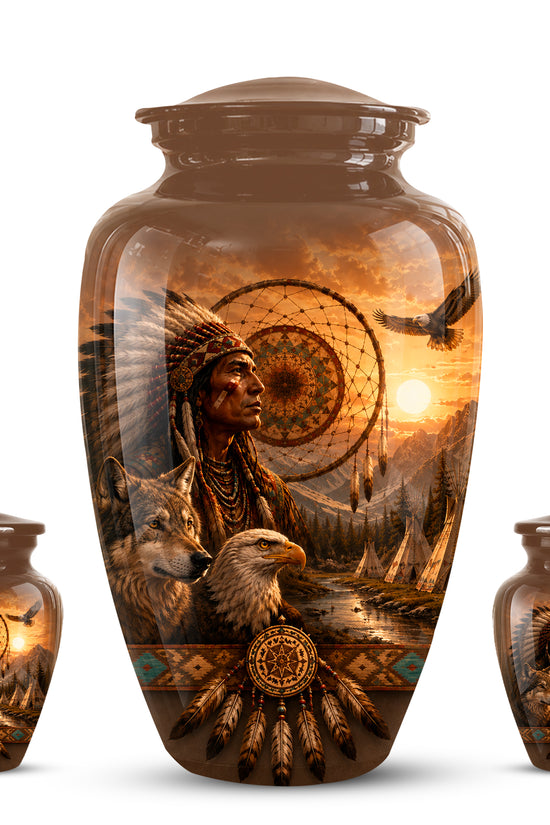Native American Man, Eagle & Wolf Custom Memorial Urn For Human Ashes