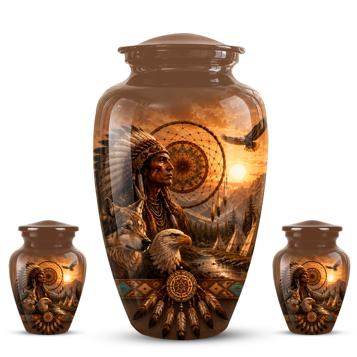 Native American Man, Eagle & Wolf Custom Memorial Urn For Human Ashes