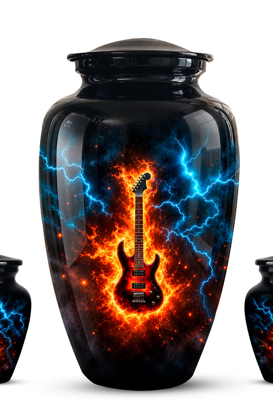 Majestic Thunder & Fire Guitar Cremation Urn - Black Funeral Urns For Ashes