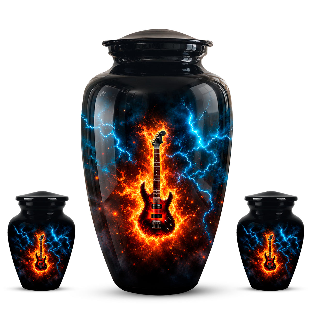 Majestic Thunder & Fire Guitar Cremation Urn - Black Funeral Urns For Ashes
