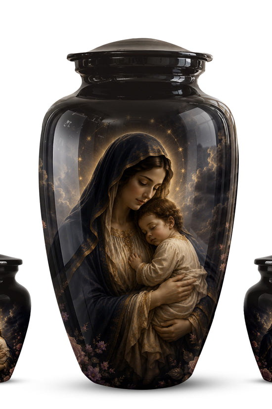 Virgin Mary With Baby Jesus Urn - Personalized Black Cremation Urn For Ashes