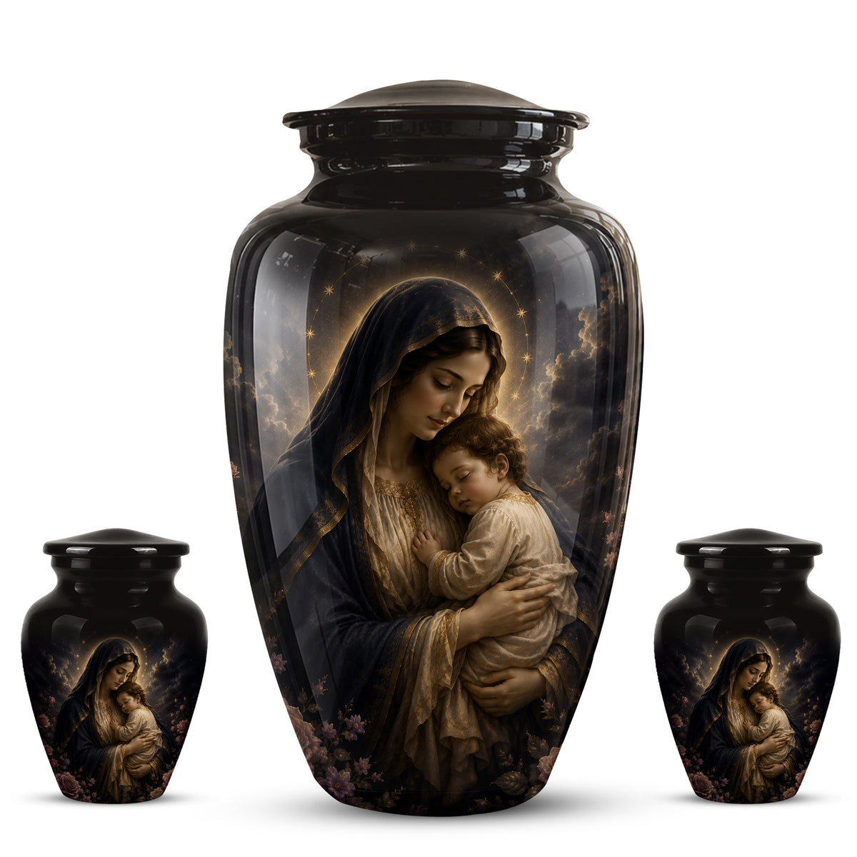 Virgin Mary With Baby Jesus Urn - Personalized Black Cremation Urn For Ashes