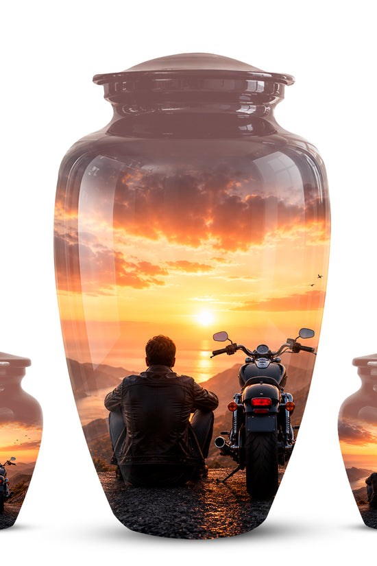 Peaceful Sunset Motorcycle Cremation Urn – Handcrafted Tribute to Biker Ashes