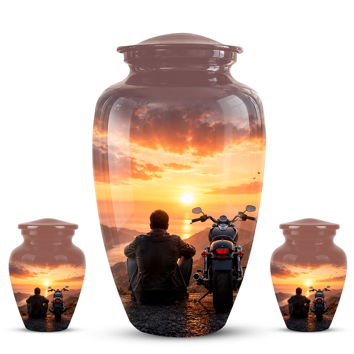 Peaceful Sunset Motorcycle Cremation Urn – Handcrafted Tribute to Biker Ashes