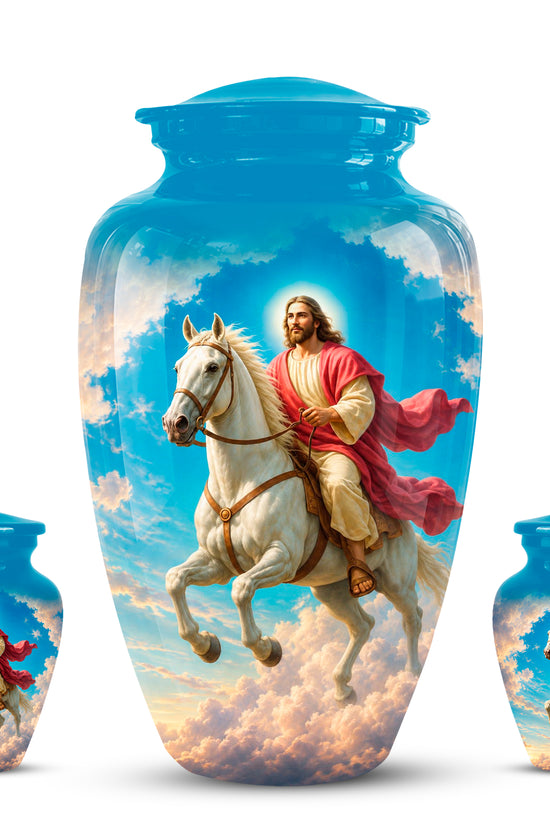 Custom Blue Aluminum Horse & Jesus Religious Urn for Human Ashes