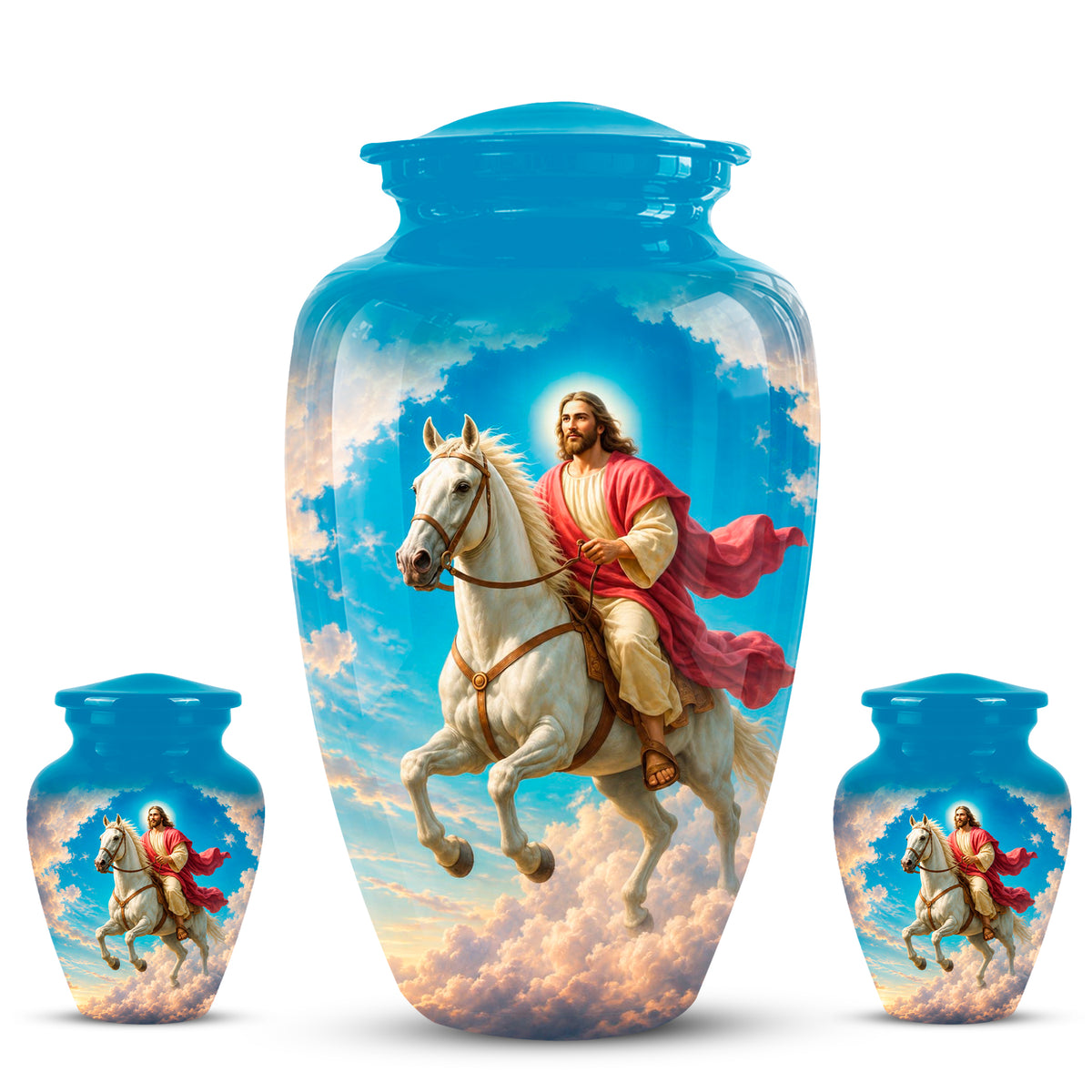 Custom Blue Aluminum Horse & Jesus Religious Urn for Human Ashes