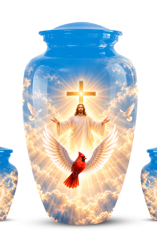 Christian Memorial Urn with Jesus & Cardinal - Heavenly Cremation Ashes Urn