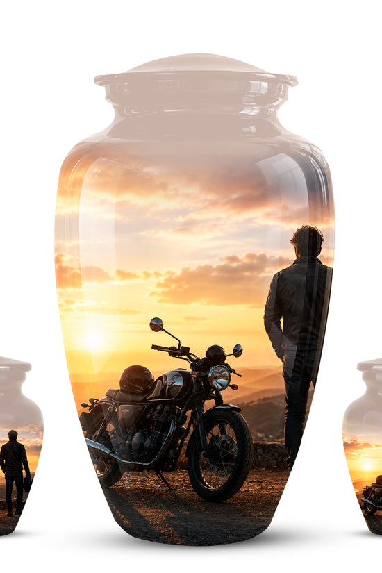 Custom Sunset Mountain Bike Rider Aluminum Urn – Hand Engraved