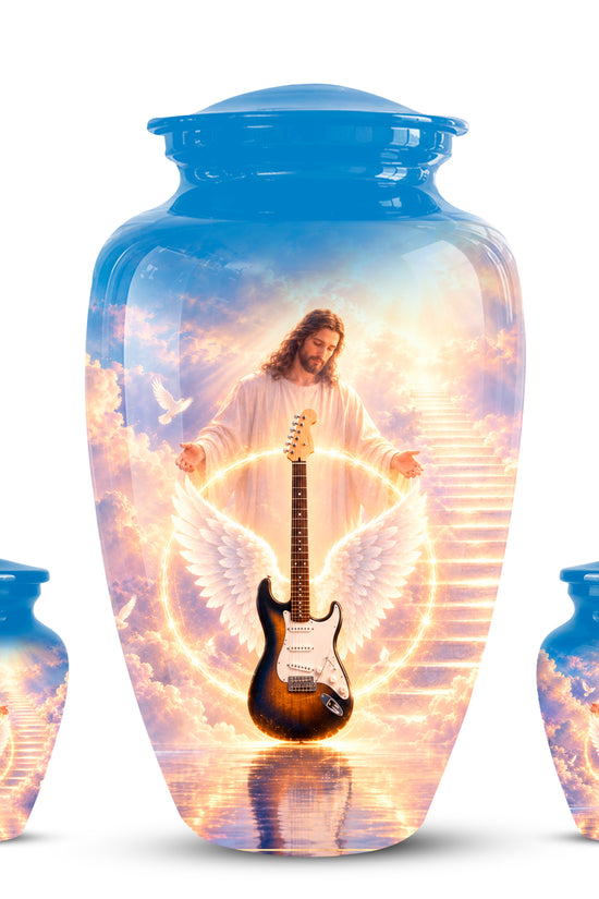 Custom Guitar Aluminum Memorial Urn - Angel Wing & Jesus Urns For Ashes