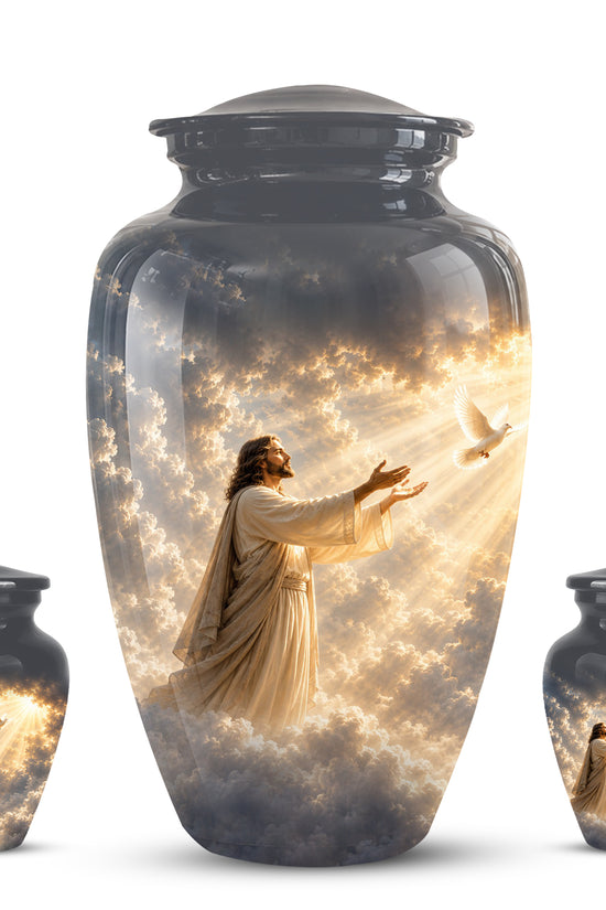 Jesus With Flying Dove Cremation Urn - Beautiful Sunrays Theme Urn For Ashes