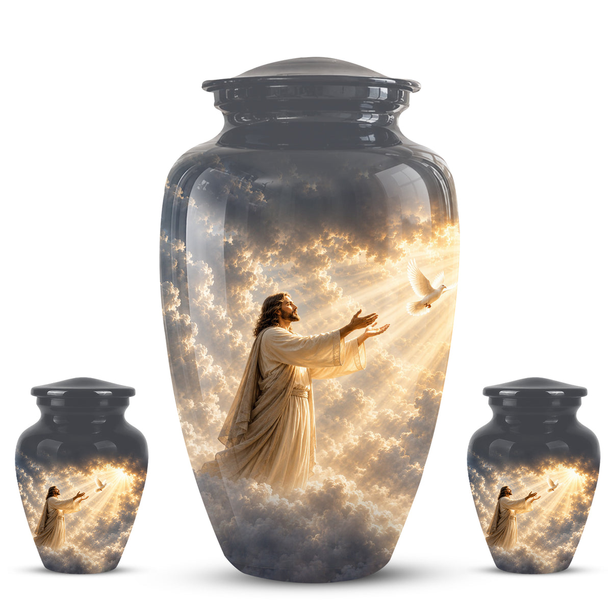 Jesus With Flying Dove Cremation Urn - Beautiful Sunrays Theme Urn For Ashes