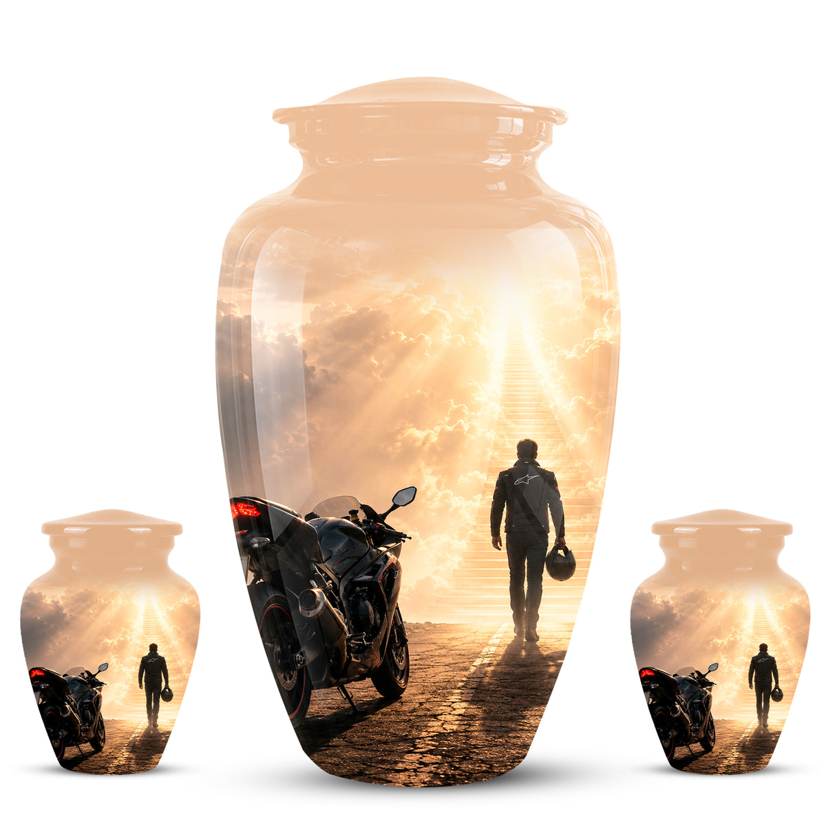 Heavenly Stairs & Rider Urn - Motorbike Cremation Urns For Biker Ashes