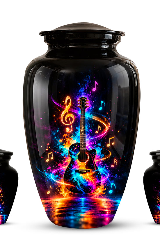 Black Artistic Cremation Urn with Colorful Musical Notes & Cosmic Design