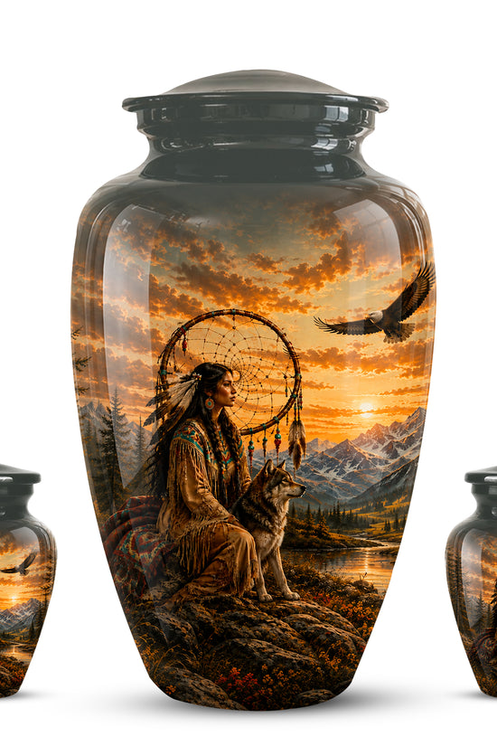 Native American Woman & Flying Eagle – Sunset Wolf Memorial Ashes Urn