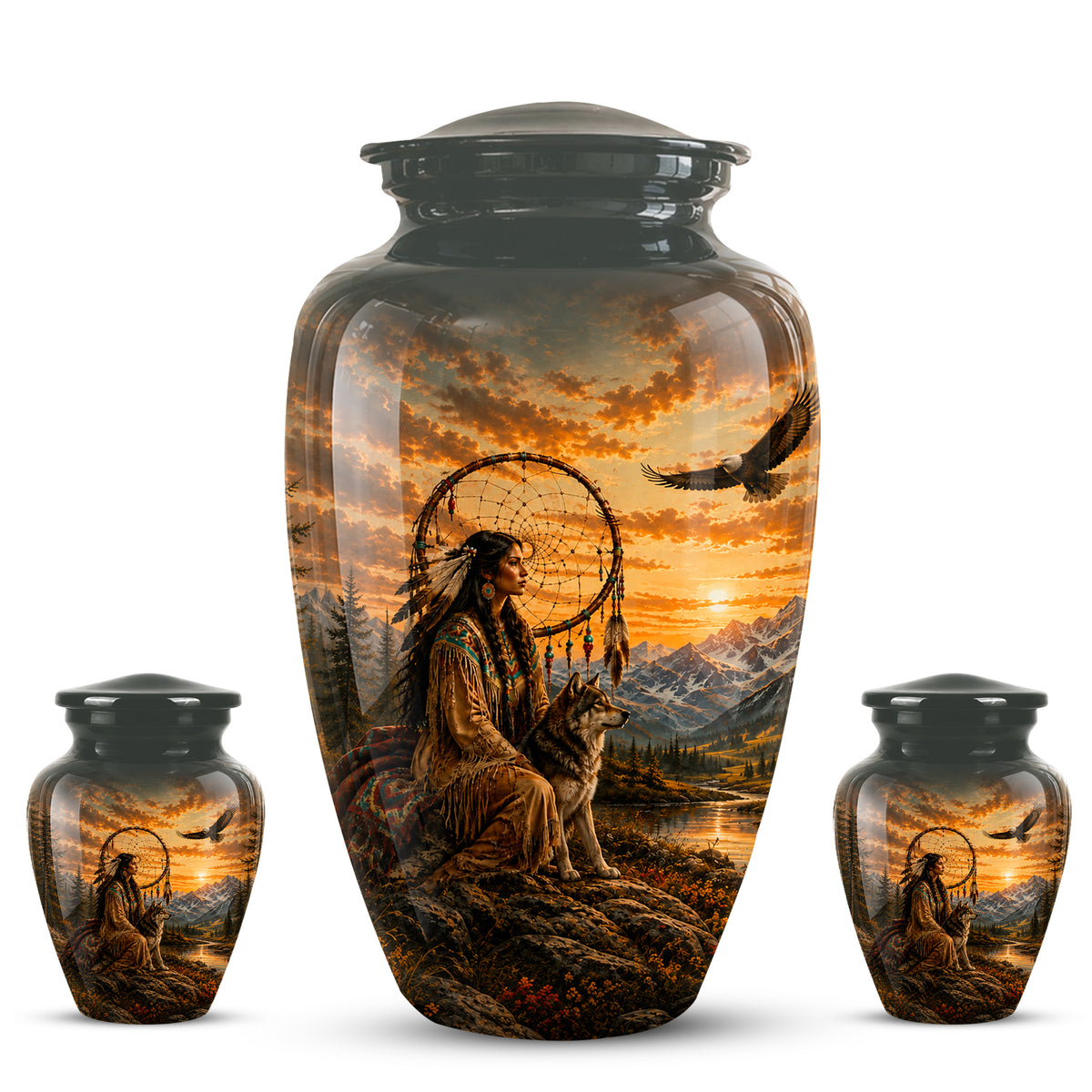 Native American Woman & Flying Eagle – Sunset Wolf Memorial Ashes Urn