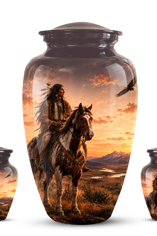 Personalized Native American Horse Rider Aluminum Cremation Ashes Urn