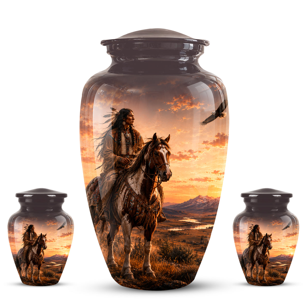 Personalized Native American Horse Rider Aluminum Cremation Ashes Urn
