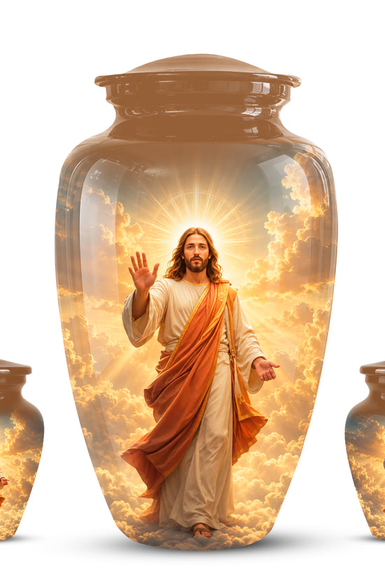 Jesus in Heavenly Clouds Memorial Urn – Personalized Religious Ashes Urn