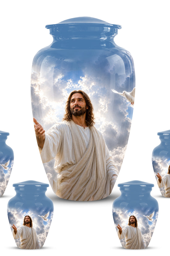 Personalized Jesus Cremation Urn - Blue Aluminum Urn For Spiritual Humans