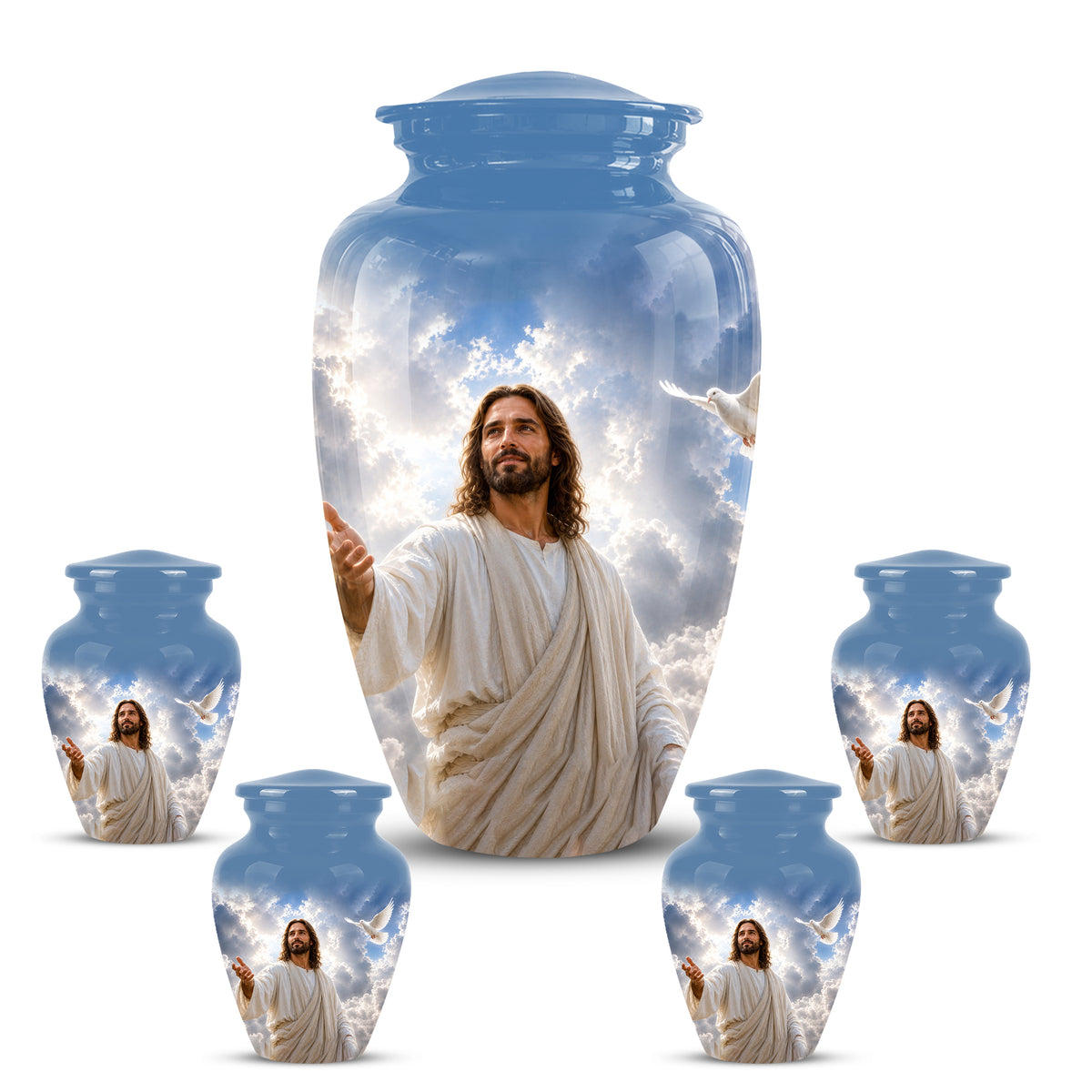 Personalized Jesus Cremation Urn - Blue Aluminum Urn For Spiritual Humans