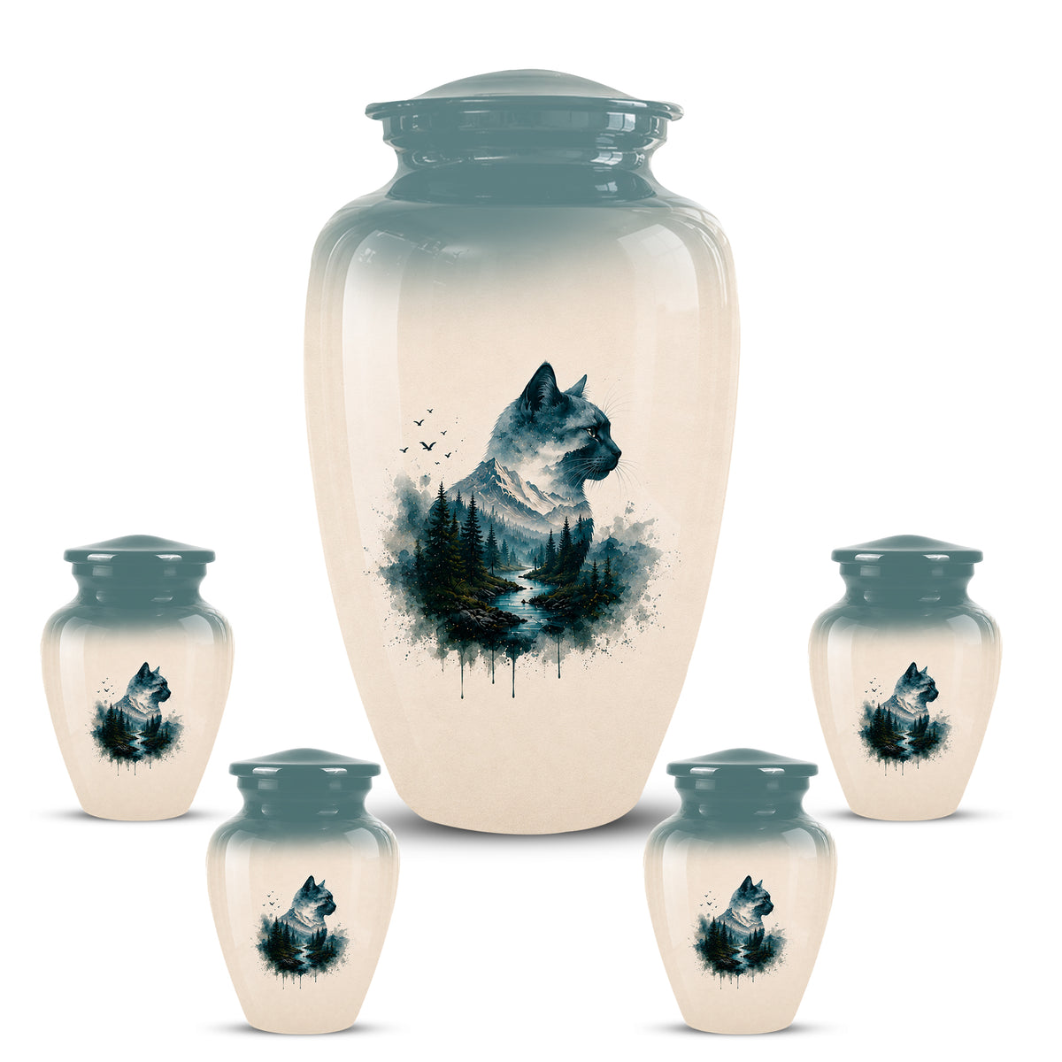 Artistic Mountain Cat Cremation Urn – Aluminum Pet Memorial For Ashes