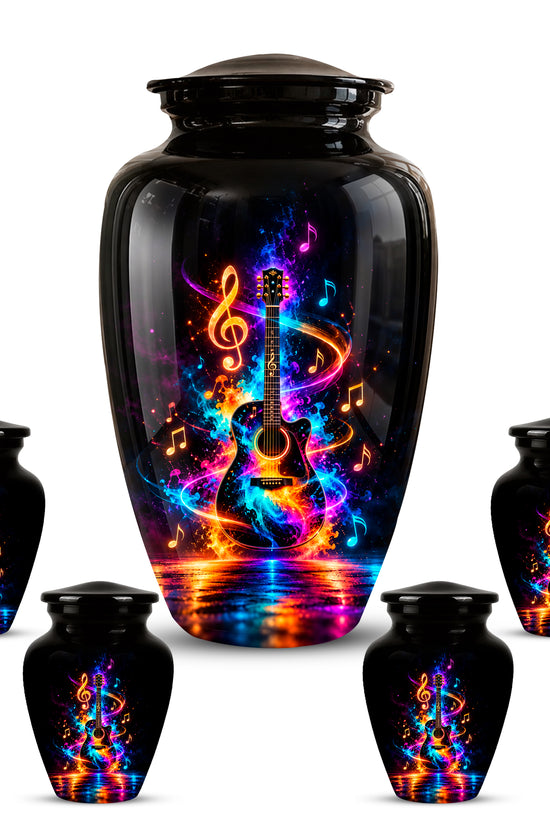 Black Artistic Cremation Urn with Colorful Musical Notes & Cosmic Design
