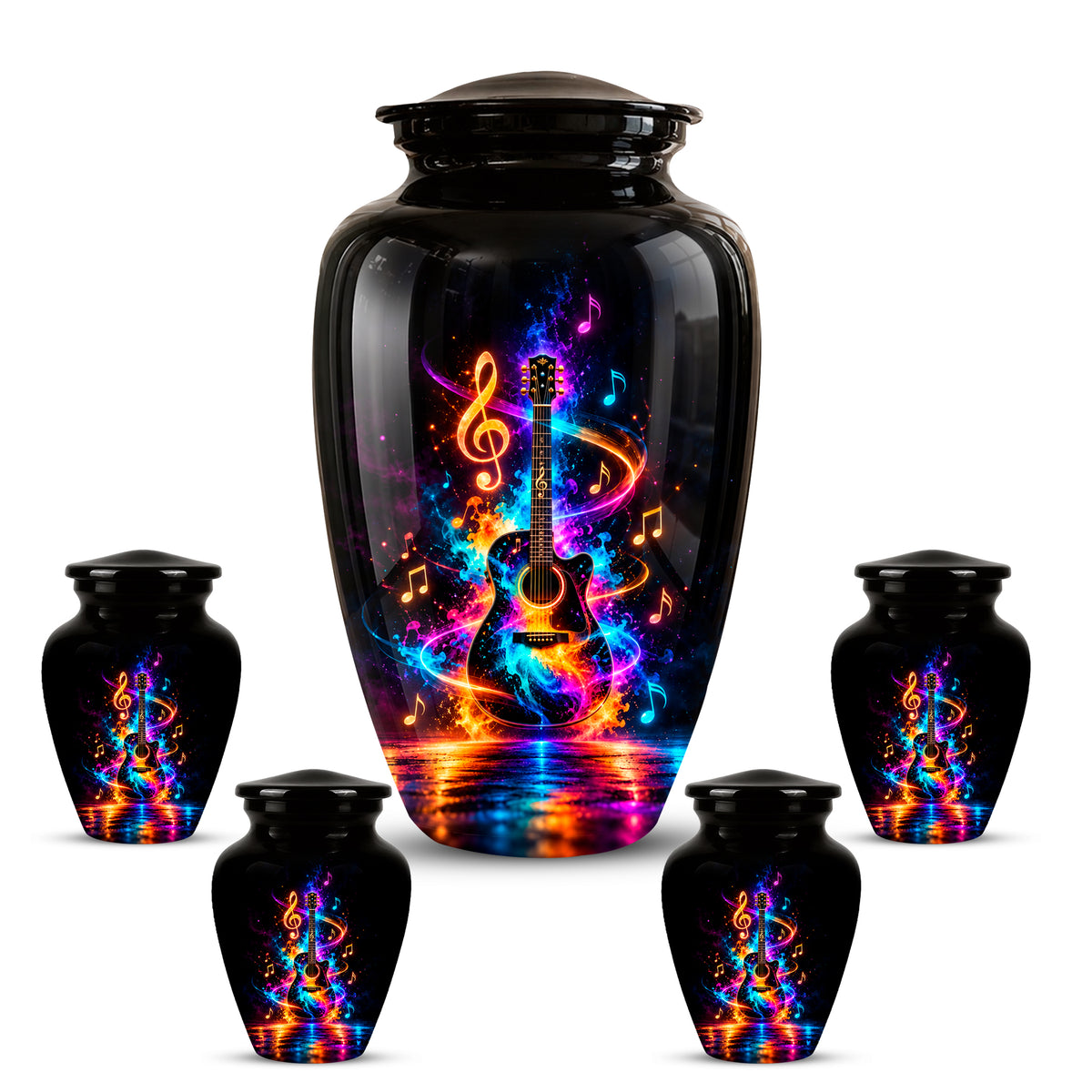 Black Artistic Cremation Urn with Colorful Musical Notes & Cosmic Design