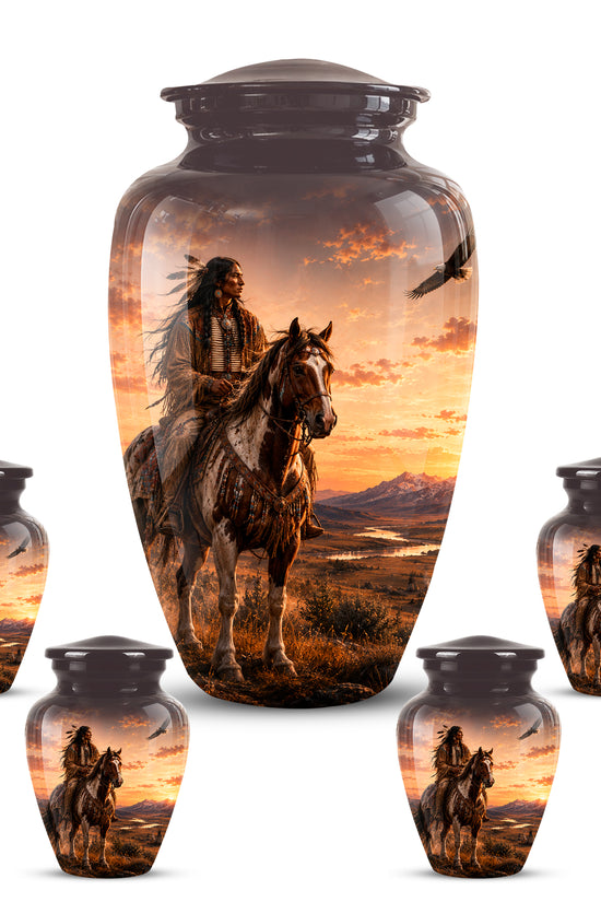 Personalized Native American Horse Rider Aluminum Cremation Ashes Urn