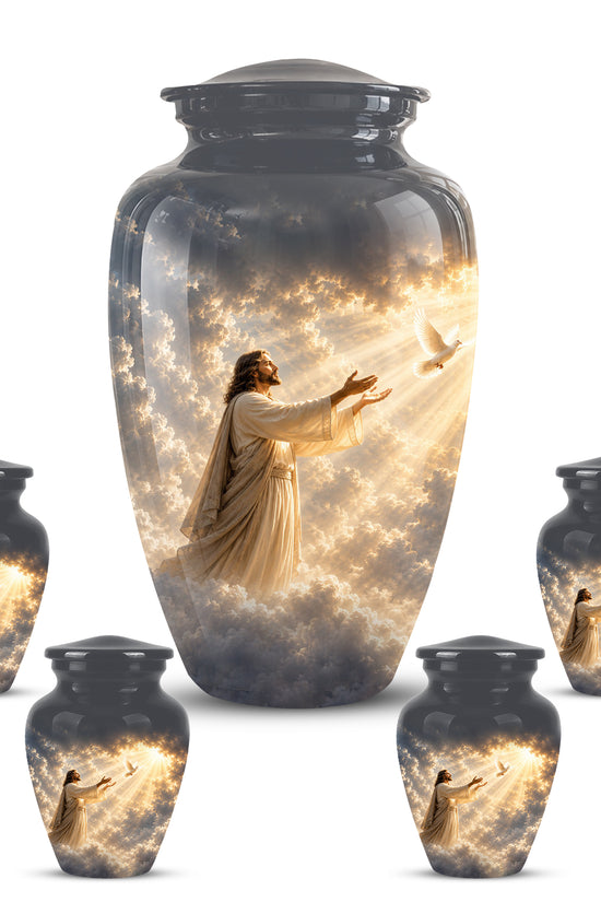 Jesus With Flying Dove Cremation Urn - Beautiful Sunrays Theme Urn For Ashes