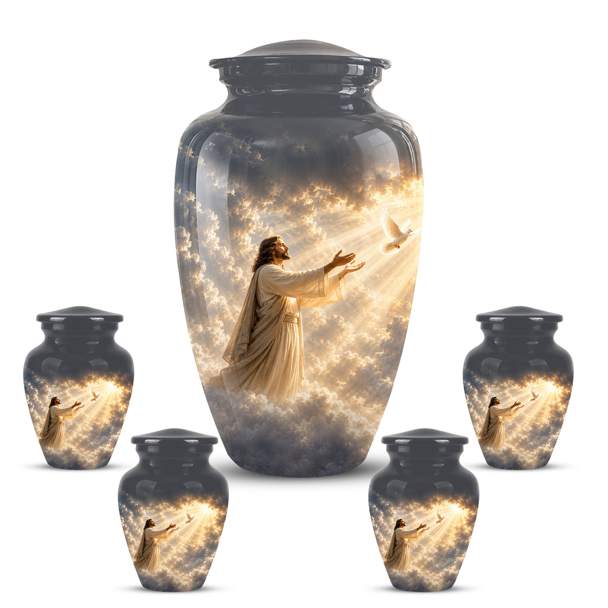 Jesus With Flying Dove Cremation Urn - Beautiful Sunrays Theme Urn For Ashes