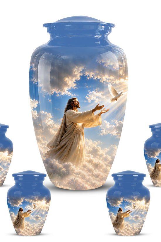 Personalized Jesus With White Dove Urn - Blue Aluminum Cremation Urns